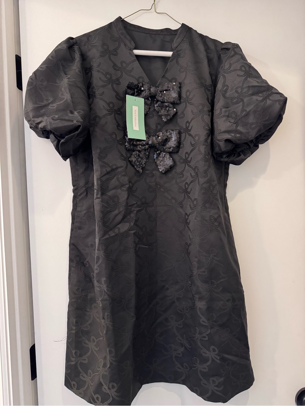 Women’s Puff-Sleeve Sequin Bow Dress - Black Sz. 8-10